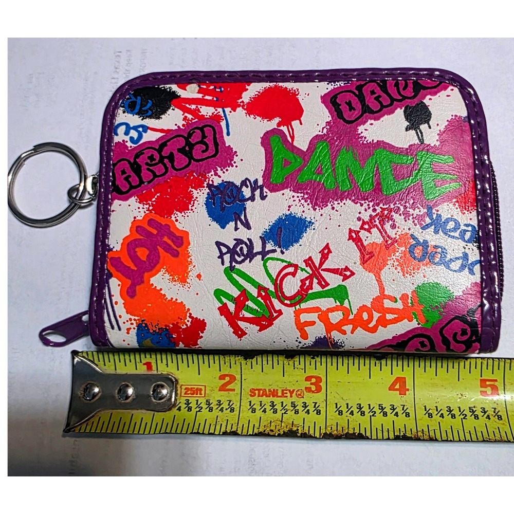 Graffiti Print Bifold Keychain Wallet Purple Zip Coin Purse ID Window Streetwear - Picture 7 of 9